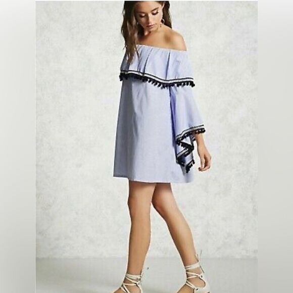 Forever 21 Off The Shoulder Striped Pom Pom Mini Dress/Tunic M - Picture 1 of 7